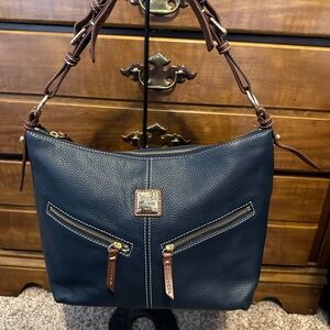 Dooney & Bourke Navy Pebbled Leather Shoulder Bag with Brown Trim